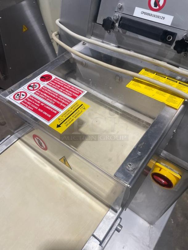 Minipan MGX dough sheeter; stainless steel; electric; conveyor; 220V 3-phase; on casters; safety labels visible.