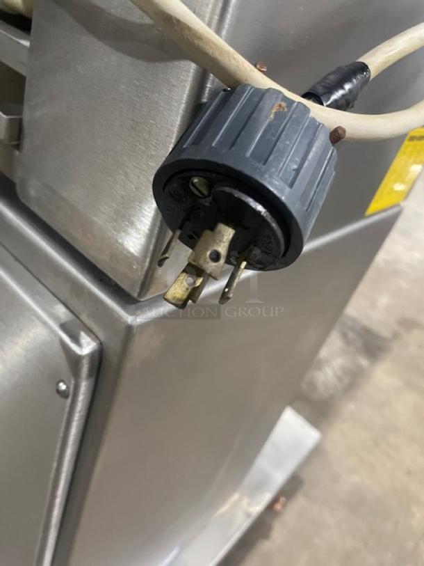 Minipan MGX dough sheeter, stainless steel, electric-powered, on casters, 220V 3-phase plug, with conveyor.