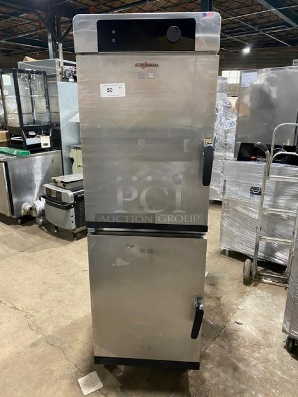 Alto-Shaam 2022 Halo Heat Series Cook-N-Hold Oven, Model 1200-TH, stainless steel, half door, full height, on casters, working.