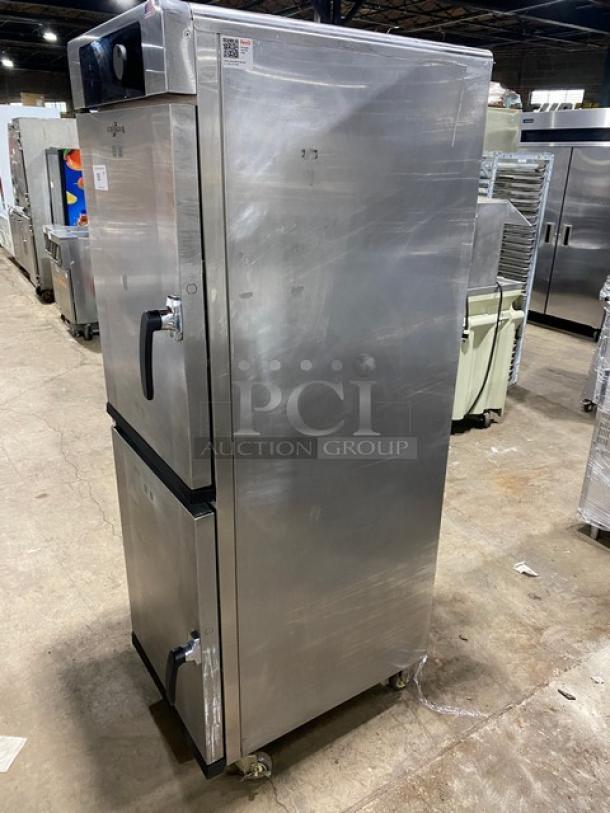 Alto-Shaam 2022 Halo Heat 1200TH stainless steel electric cook-n-hold oven, half door, full height, on casters, with wired rack.
