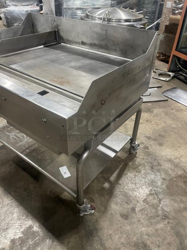 WoodStone stainless steel countertop plancha griddle with back and side splash, single undershelf stand, on casters.