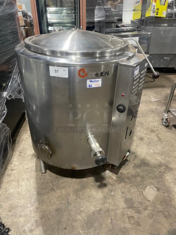 Groen AH140 steam jacketed kettle, 40 lb capacity, stainless steel, natural gas powered, on legs, working condition, serial 49571.