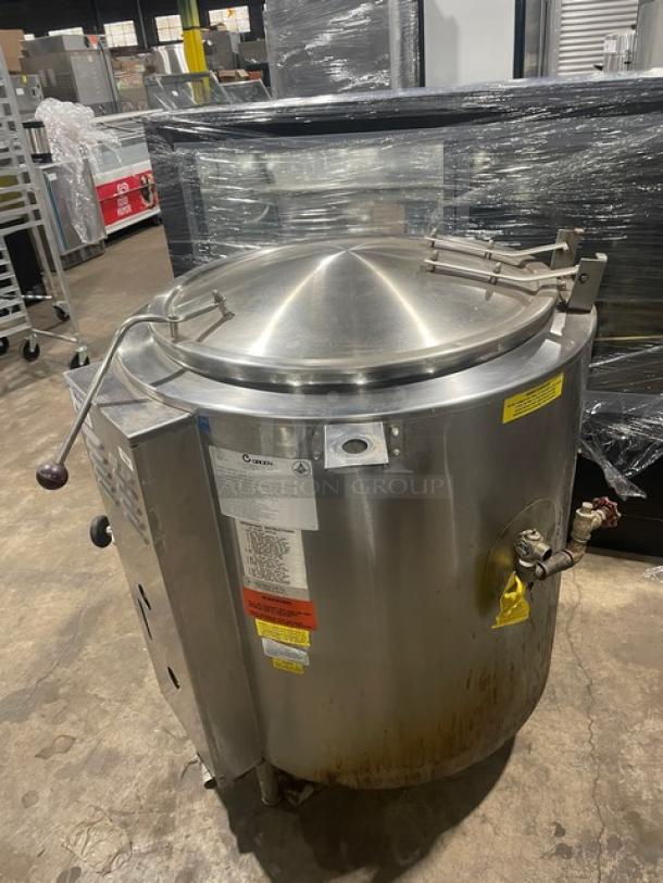 Groen stainless steel steam jacketed kettle, model AH140, 40 lb., natural gas, on legs, used condition, visible labels.