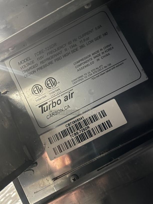 Turbo Air Super Deluxe Series 72" 4 Drawer Refrigerated Chef Base, Model TCBE-72SDR, SN: CB72905041, 115V, on casters.