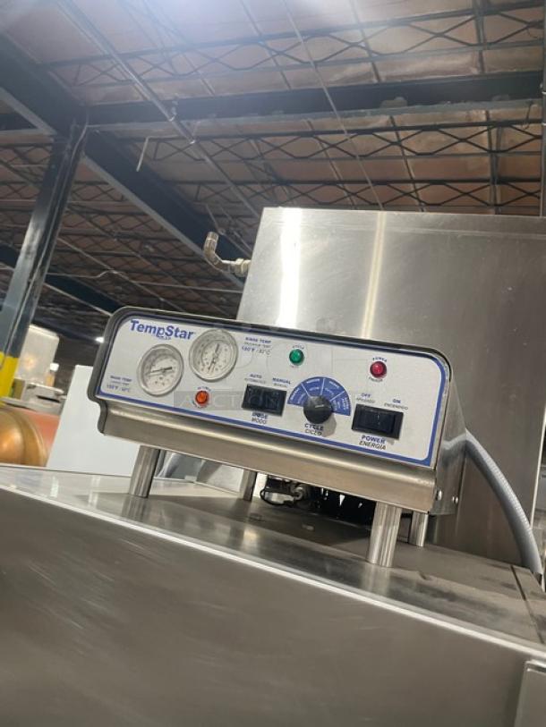 Jackson TempStar HH-E-VER 2019 commercial stainless steel ventless high-temp dishwasher. Features electric booster heater, control panel with gauges. Model: TEMPSTARHHEVER. 208-230-460V, 3-phase. Working condition noted.