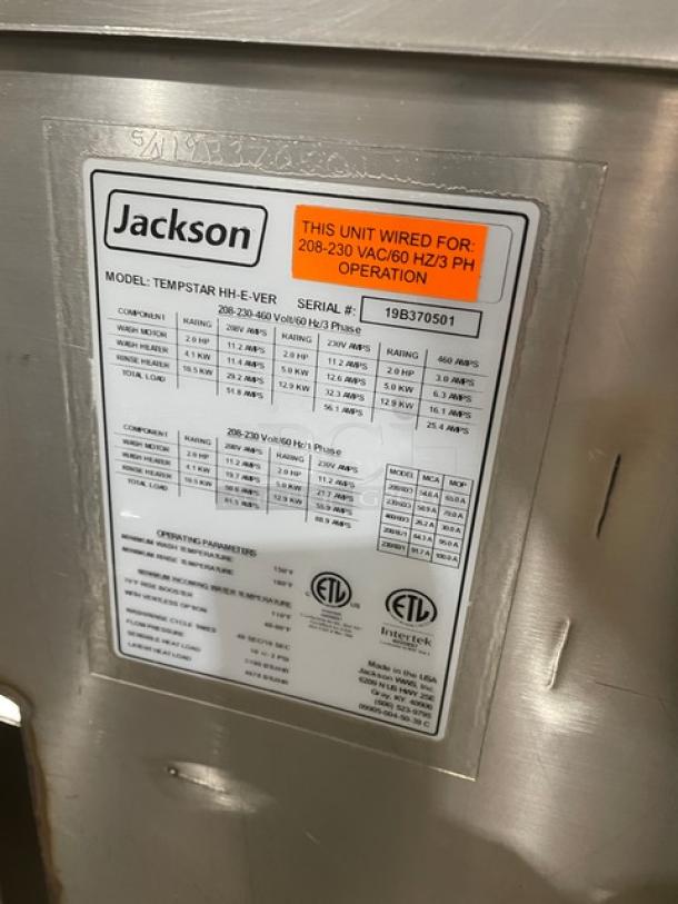 Jackson TEMPSTAR HH-E-VER commercial stainless steel dishwasher. Features high hood, ventless, high-temp wash. Serial 19B370501.