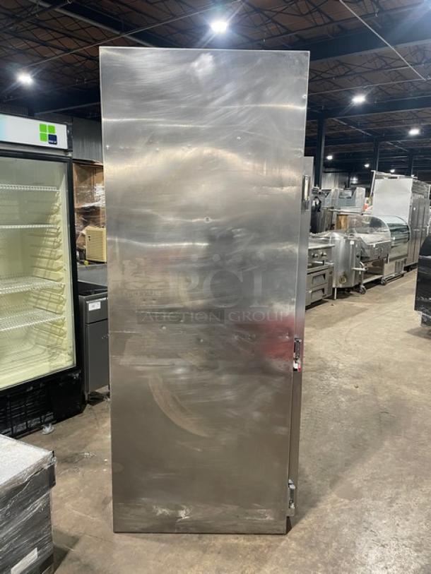 Traulsen stainless steel roll-in refrigerator, two solid doors, model ARI232LUTFHS, Energy Star certified, commercial use.