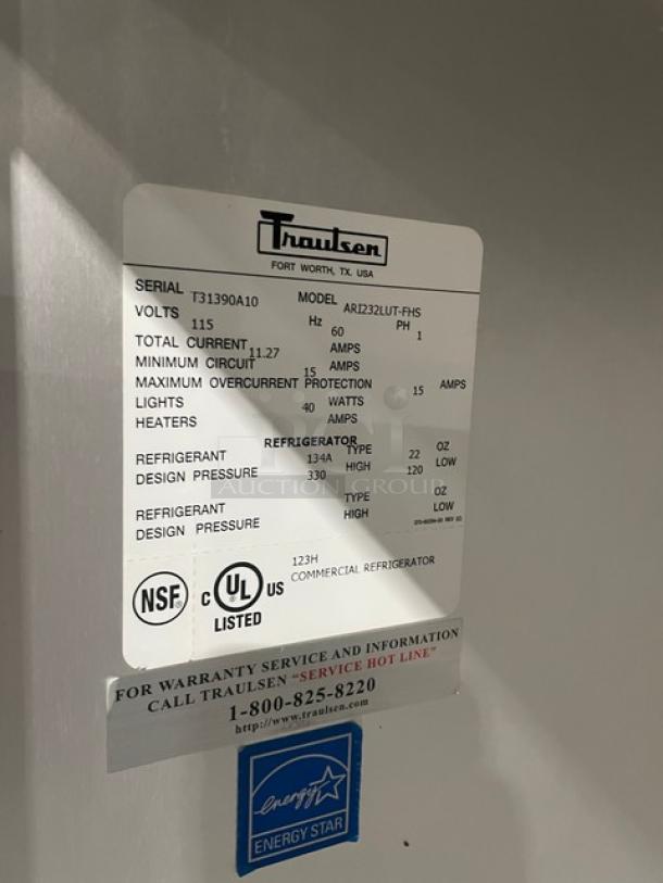 Traulsen stainless steel 2-door roll-in refrigerator, model ARI232LUTFHS. Energy Star certified, NSF and UL listed.