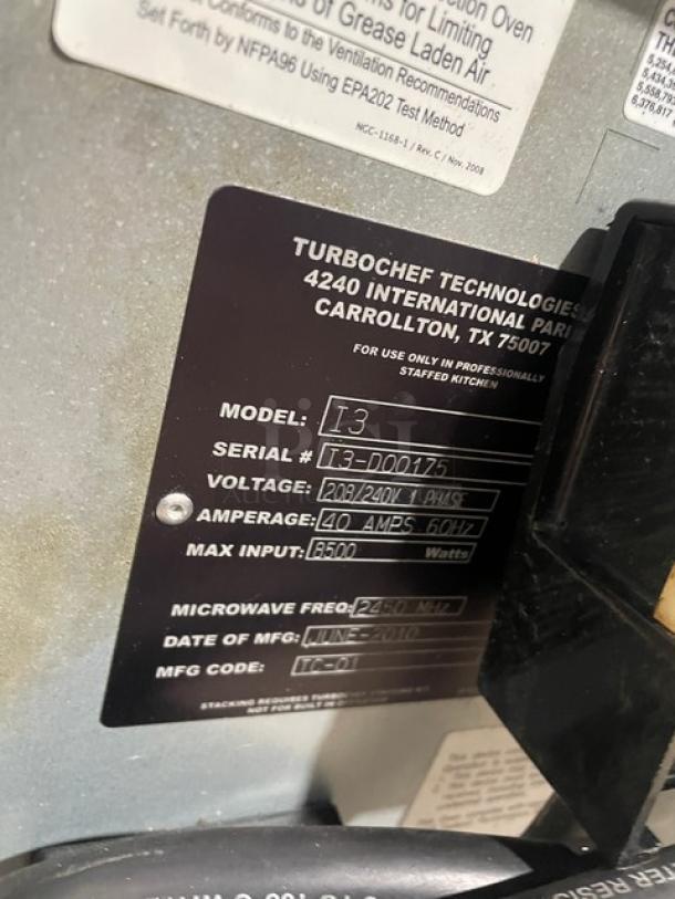 Turbochef I3 ventless rapid cook oven, stainless steel, electric, model I3, SN I3-D00175, 208/240V, 1 phase.