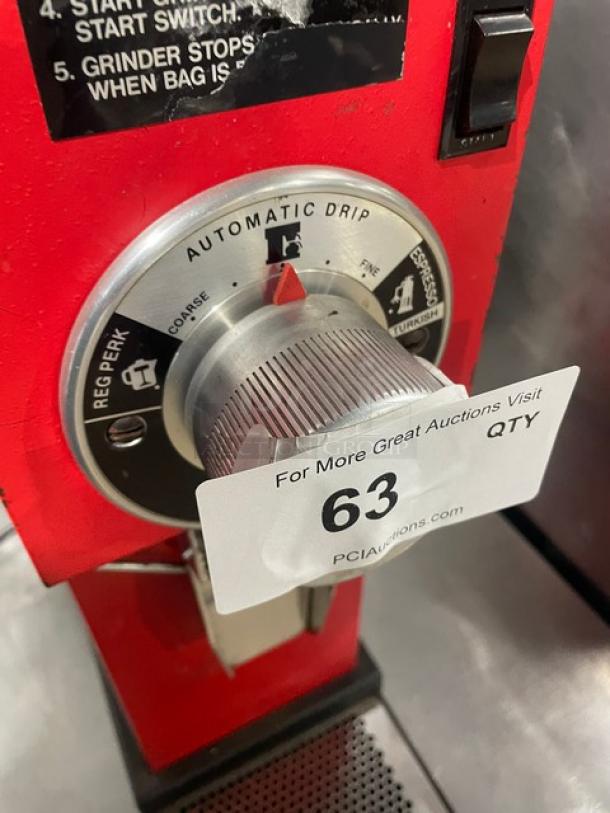 Bunn G3 commercial red electric countertop coffee grinder, model G3 SN: 8406, 120V 1 Phase, with adjustable grind settings.