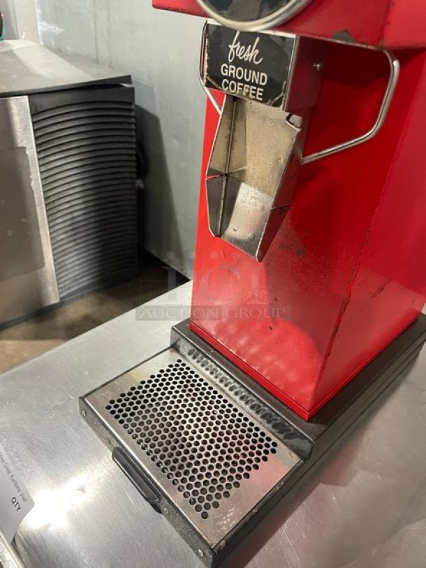 Bunn G3 red electric countertop coffee grinder, metal dispenser, "fresh ground coffee" label, 120V, commercial use.