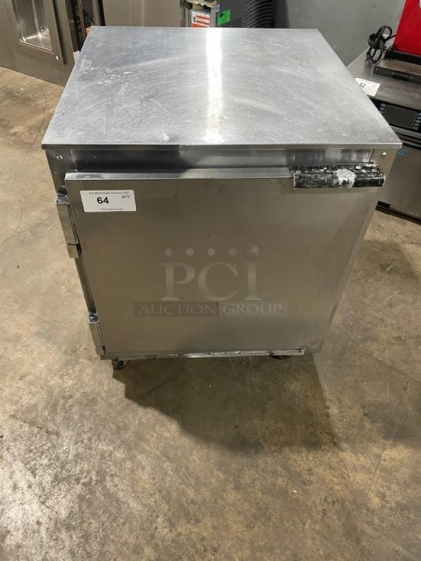 Beverage-Air UCR27A stainless steel single door undercounter refrigerator with poly coated rack, on casters, 115V, 1 phase.