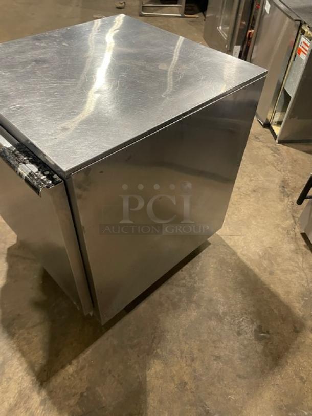Beverage-Air UCR27A stainless steel undercounter refrigerator, single solid door, poly-coated wire rack, on casters.