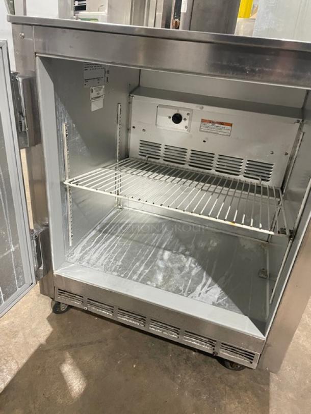 Beverage-Air UCR27A stainless steel undercounter refrigerator, single door, poly-coated rack, on casters, 115V 1 Phase.