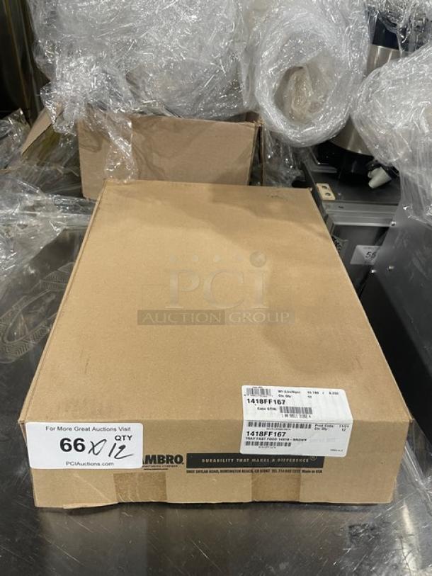 Cambro Commercial 14"X18" brown serving tray, model 1418FF167, in original packaging. New condition. Box labeled for auction, quantity 12.