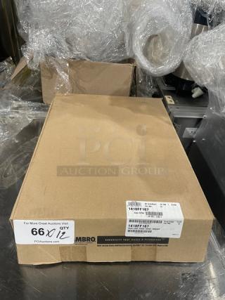 Cambro Commercial 14"X18" brown serving tray, model 1418FF167, in original packaging. New condition. Box labeled for auction, quantity 12.