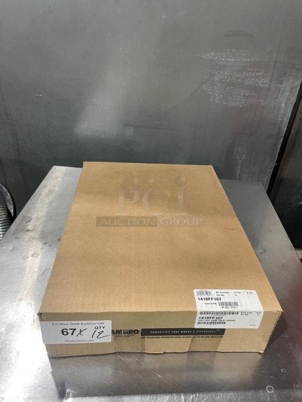 New Cambro 14"x18" brown fast food serving tray, Model 1418FF167, in original packaging. Box labeled with model info.