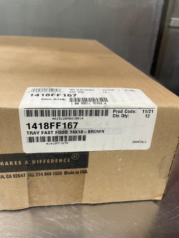 New Cambro 1418FF167 brown 14"x18" serving tray, commercial-grade, pack of 12. Tray tag: Fast Food, Nov 2021, Made in USA.