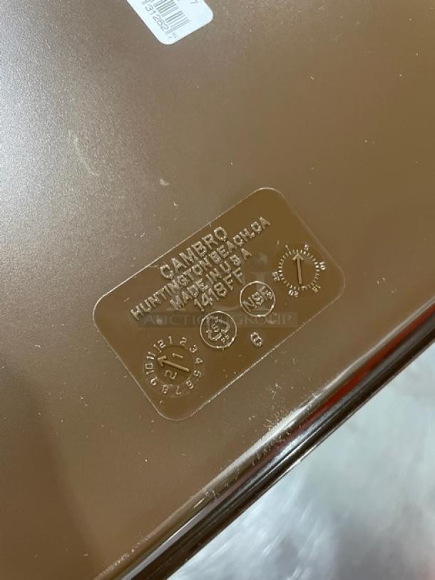 NEW Cambro brown 14"x18" rectangular tray, model 1418FF167. Features embossed branding and certifications.