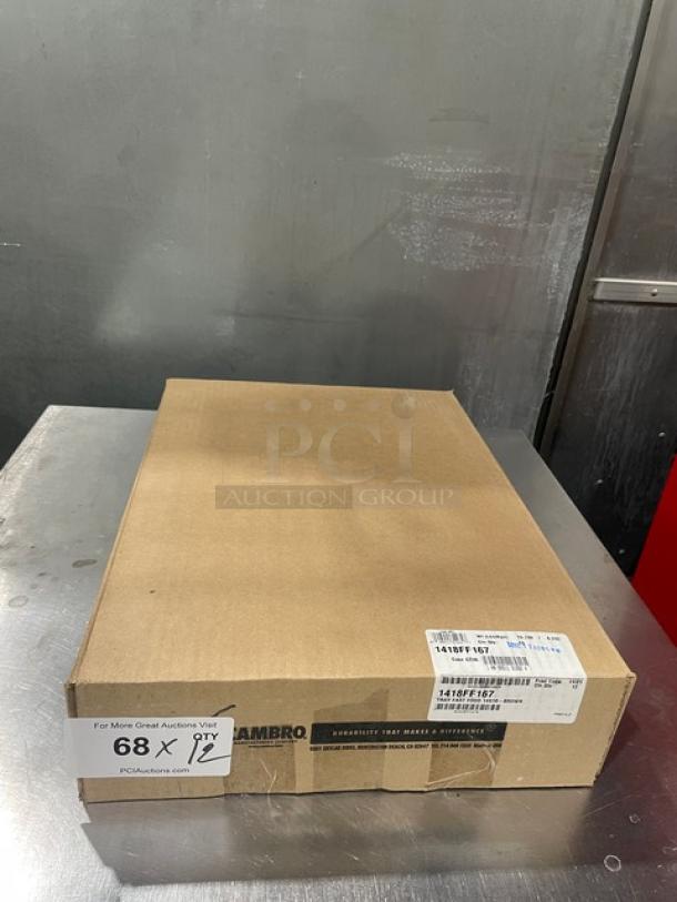 Cambro 1418FF167 commercial brown tray, 14"x18", new in box. Features 12 trays. Durable fast food/serving model.