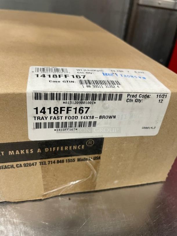 New Cambro brown 14"x18" rectangular fast food tray, model 1418FF167, case of 12. In original packaging, made in USA.