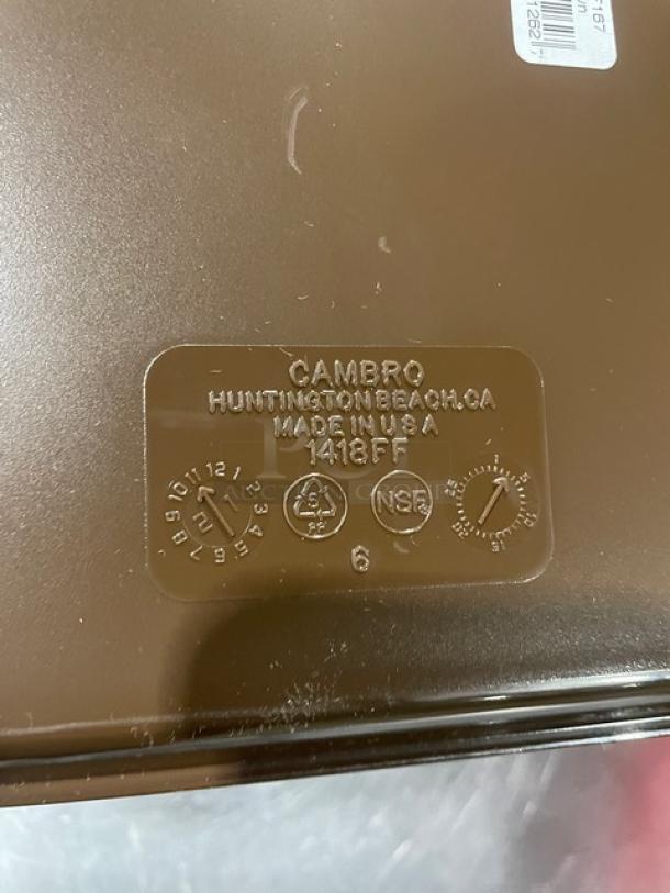Cambro 1418FF167 brown 14"x18" serving tray, new condition. Made in USA. NSF mark and model details visible.