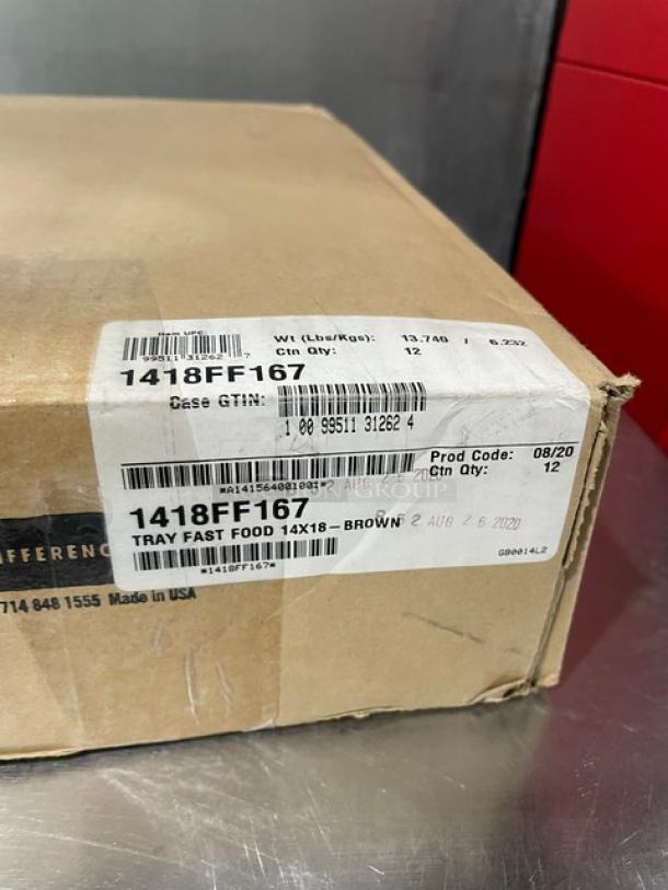 Cambro Commercial 14"x18" brown serving tray, model 1418FF167, new condition, label with GTIN and product code visible.