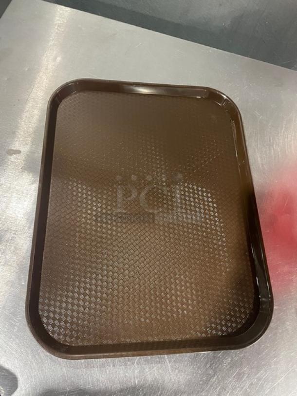 Cambro 14"x18" Brown Serving Tray, Model 1418FF167. New condition, commercial-grade, rectangular design, textured surface.