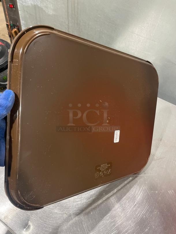 Cambro 14"x18" rectangular brown serving tray, model 1418FF167, new condition. Marked for commercial use.