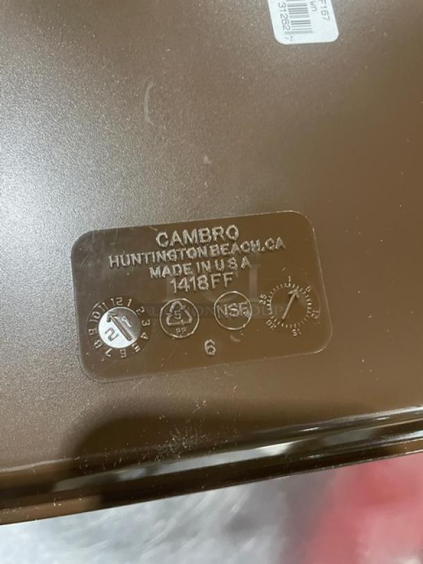Cambro commercial brown 14"x18" tray, model 1418FF167, new condition. Features printed label with product details.