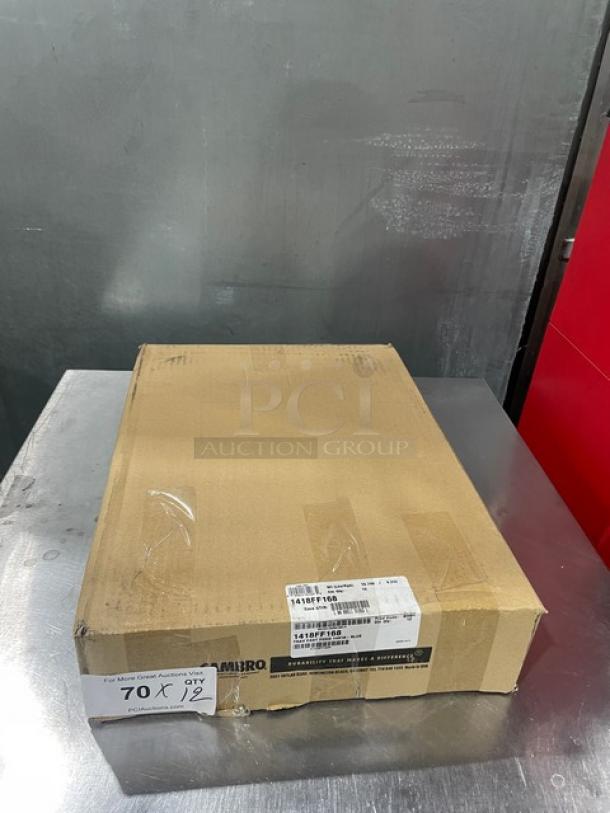 Boxed Cambro Commercial Blue 14x18" Tray, Model 1418FF168, new condition, labeled for auction with quantity 12 per bid.