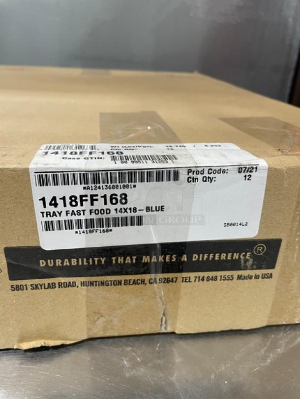 Cambro Commercial Blue Tray, Model 1418FF168, 14"x18", new in box of 12. Durable, fast food/serving style. Made in USA.