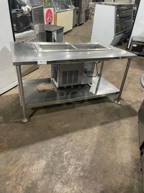Delfield stainless steel 2-well refrigerated food table, model 8148EFNP, electric, single undershelf, on legs, used condition.