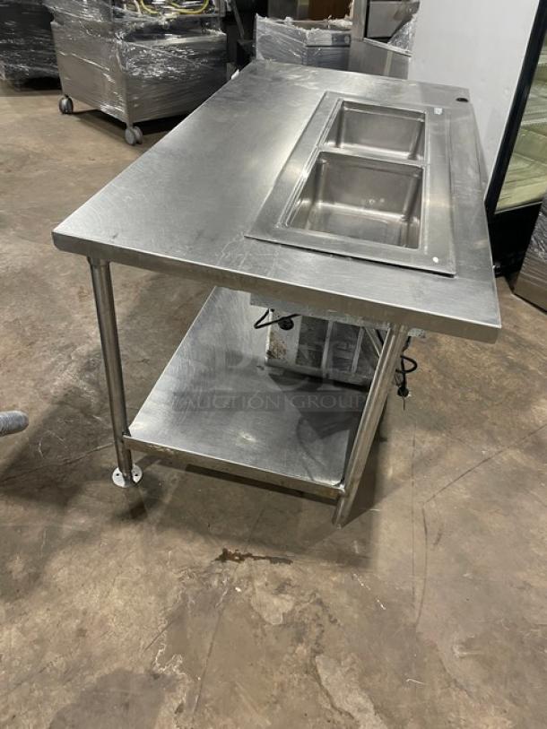 Delfield 8148-EFNP stainless steel 2-well refrigerated cold food table, electric, with undershelf, 115V, on legs, excellent condition.
