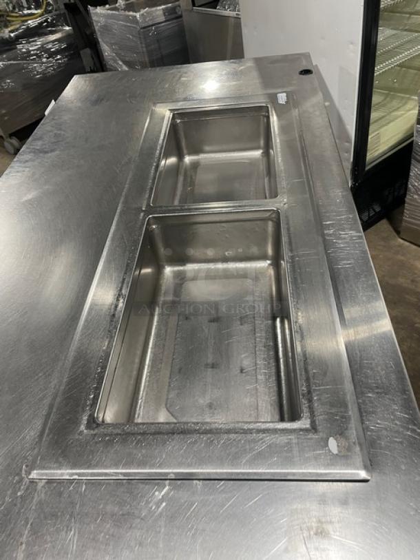 Delfield 8148EFNP stainless steel 2-well refrigerated drop-in cold food table, electric, single undershelf, on legs, good condition.