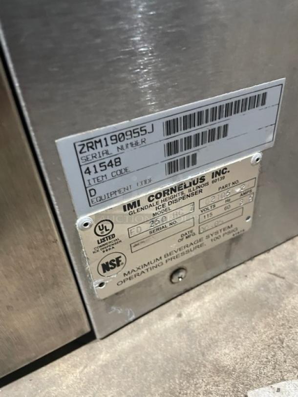 Cornelius ED250BCZ beverage dispenser labels showing model and serial numbers.