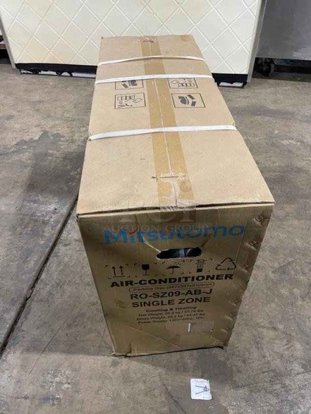 New Mitsutomo RO-SZ09-AB-J split type outdoor air-conditioner in original packaging. Model ROSZ09ABJ, 115V, single zone.