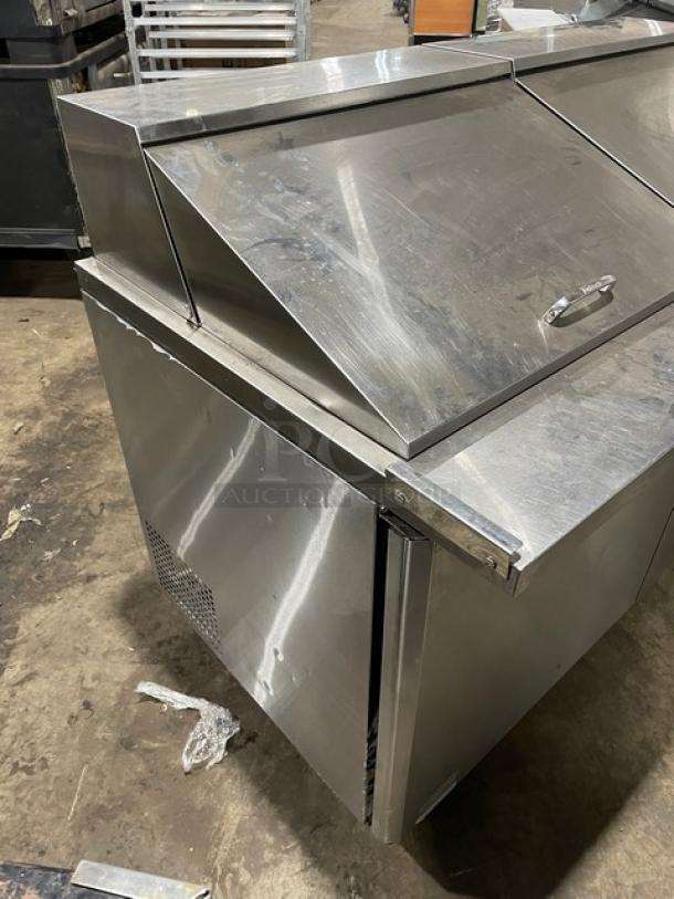 Turbo Air M3 Series 2-door stainless steel refrigerated prep table, Model MST-60-24-N, on casters, with poly coated rack.