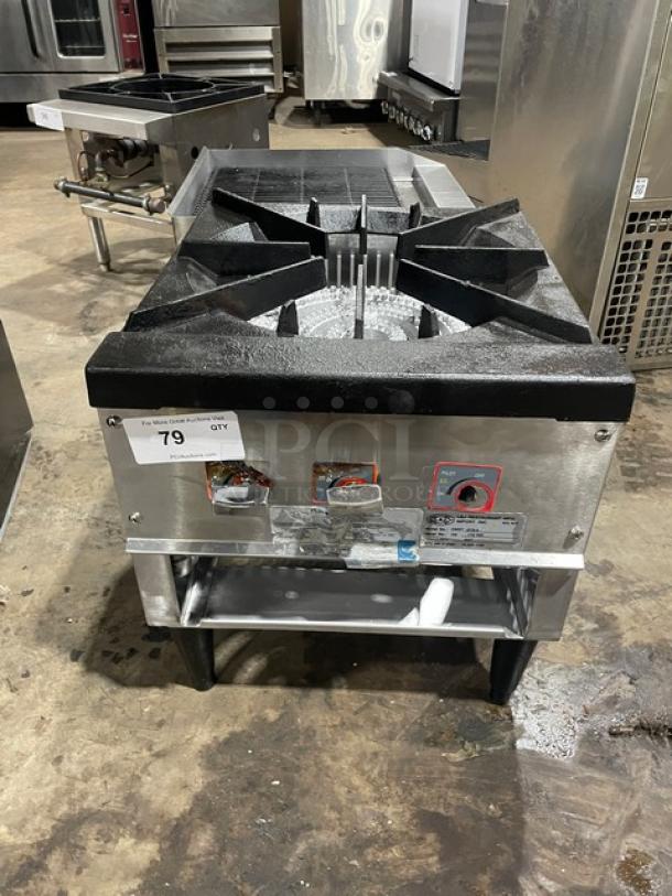 L&J stainless steel single burner stock pot range, Model OWST-018-2, natural gas powered, on legs, excellent condition.