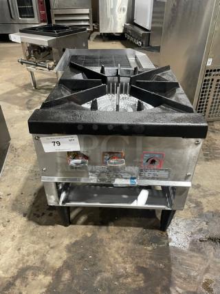 L&J stainless steel single burner stock pot range, Model OWST-018-2, natural gas powered, on legs, excellent condition.