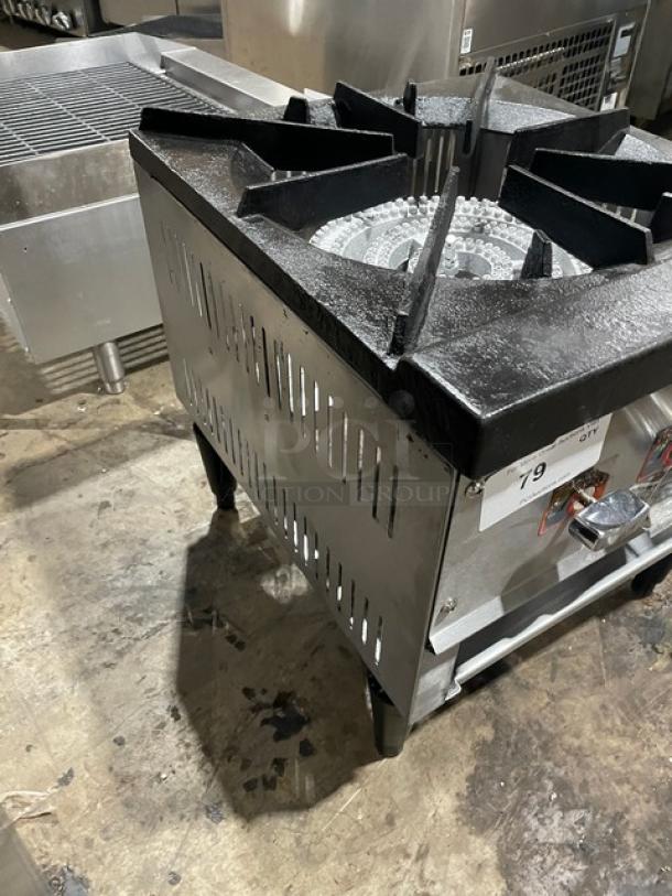 L&J Commercial Stainless Steel Single Burner Stock Pot Range, Model OWST-018-2. Natural gas powered, on legs. Moderate wear.