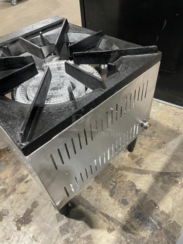 L&J OWST0182 stainless steel single burner stock pot range on legs, natural gas, commercial use, visible burner and venting.