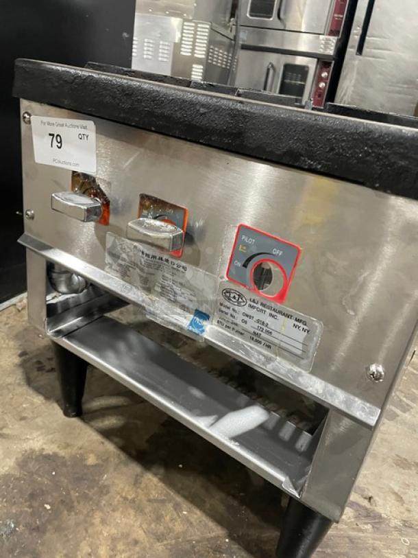 L&J Stainless Steel Gas Single Burner Stock Pot Range, Model OWST0182, on legs. Features gas control knobs and labels.