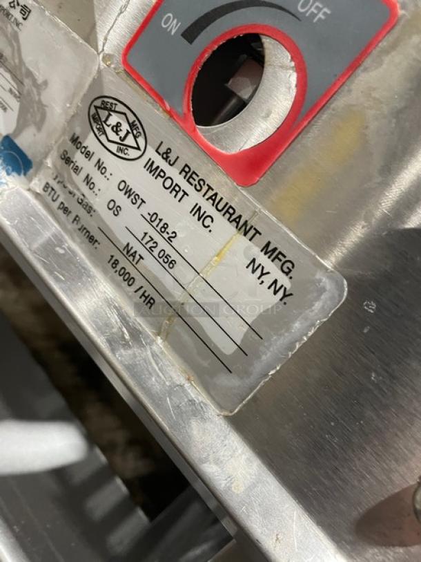 L&J Model OWST-018-2 stainless steel single burner stock pot range, natural gas, serial 172056, 18,000 BTU/hr, on legs.