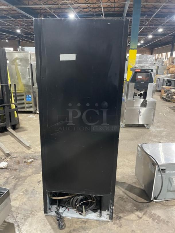 Beverage-Air MT27 commercial refrigerator, black, single glass swing door, poly-coated wire rack, model MT27, SN 6458494.