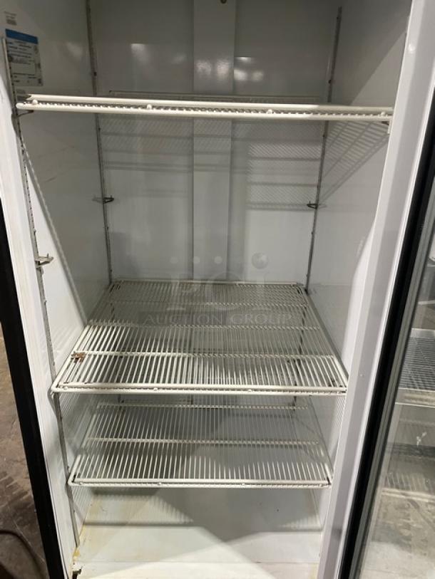 Beverage-Air MT27 commercial refrigerator, single glass door, poly-coated wire racks, Model: MT27, SN: 6458494, 115V, 1 phase.