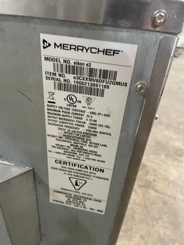 MerryChef Eikon E3 rapid cook oven label, showing model, serial number 1906213091188, and voltage details.