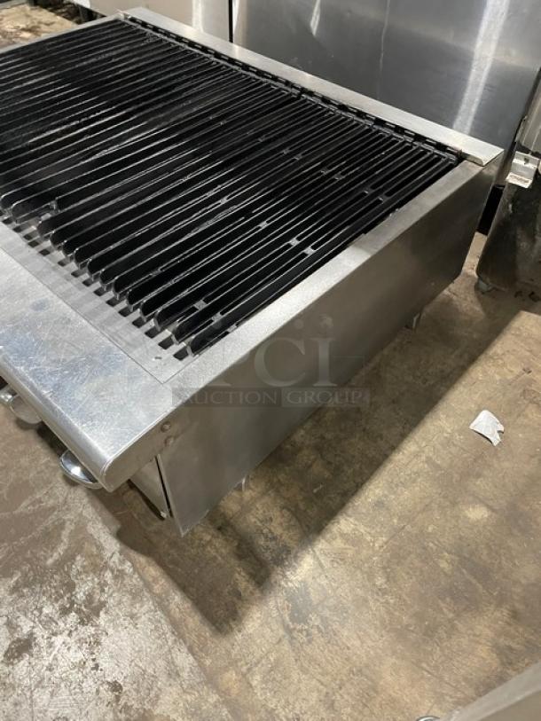 Turbo Air Radiance Series stainless steel gas countertop char broiler, cast iron grates, on legs, excellent condition.