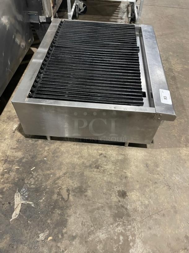 Turbo Air Radiance gas char broiler with cast iron grates, stainless steel, countertop model, on legs, used condition.