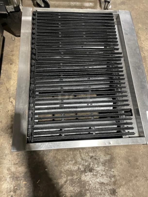 Turbo Air Radiance Series stainless steel gas char broiler, cast iron grates, countertop model, on legs, excellent condition.